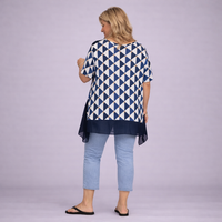 Geometric Short Sleeve Loose Fitting Top with Chiffon Hanky Hem