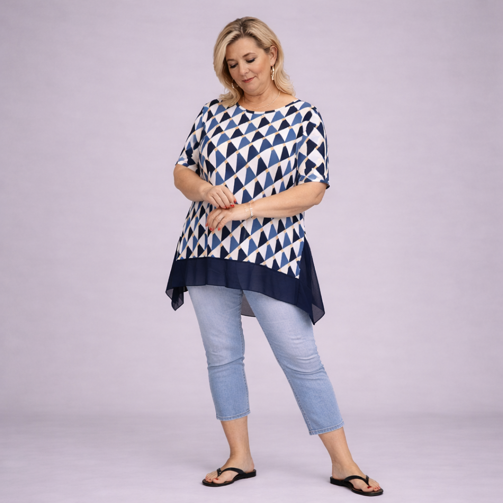 Geometric Short Sleeve Loose Fitting Top with Chiffon Hanky Hem
