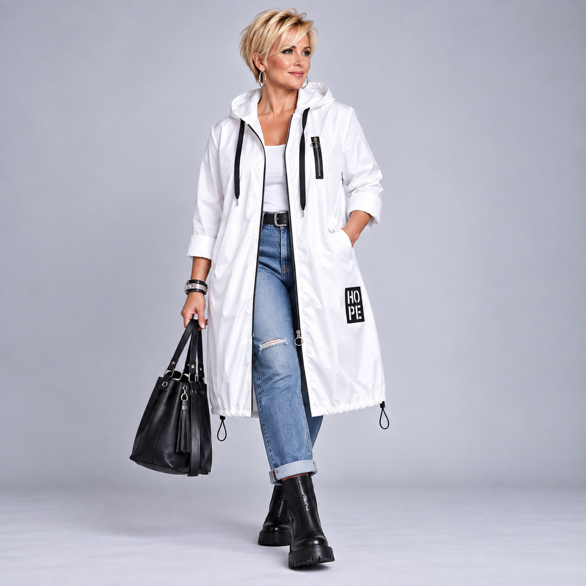 Drawstring Hem Rain Mac with Hood