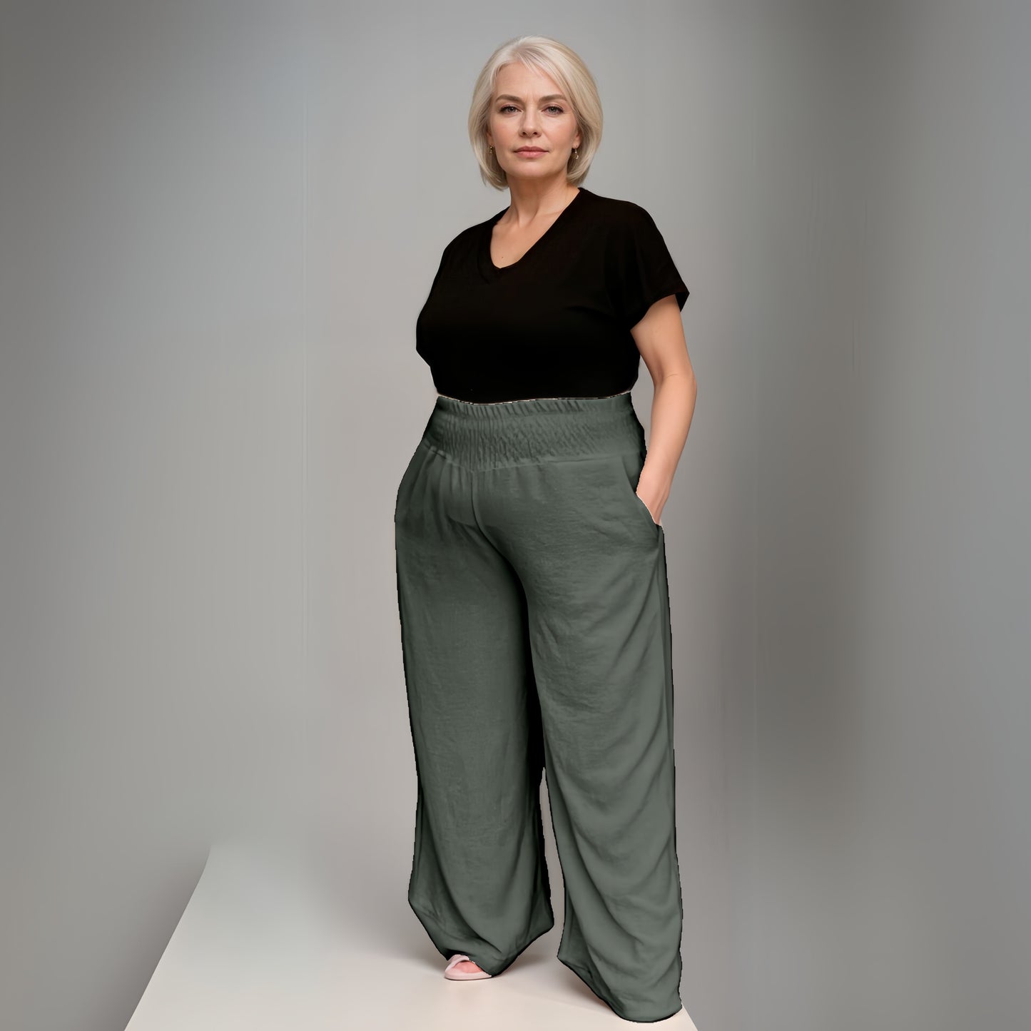 HIGH SMOCK WAIST WIDE LEG TROUSERS WITH POCKETS