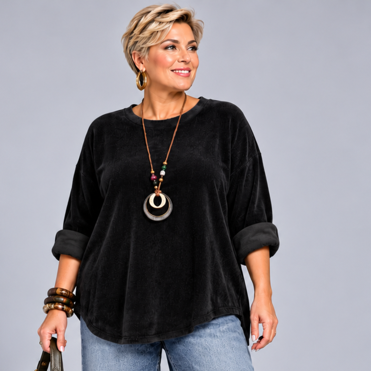 Velour Curved Hem Top / Jumper