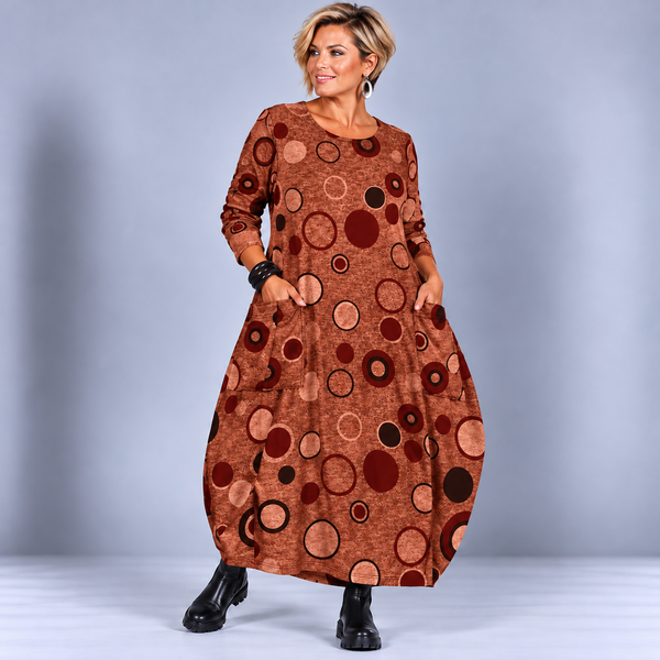 Soft Knit Balloon Maxi Dress with Circle Print and Pockets