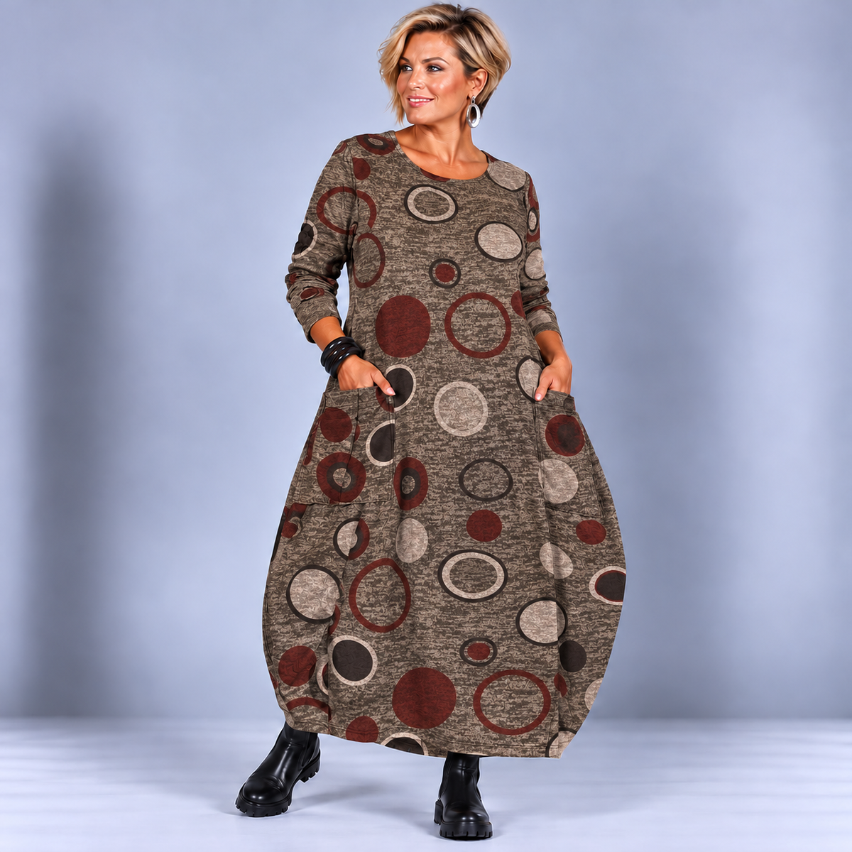 Soft Knit Balloon Maxi Dress with Circle Print and Pockets