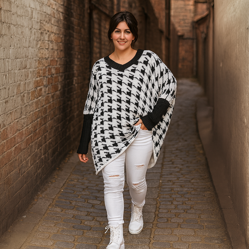 Chunky Knit Oversized V Neck Large Dogtooth Jumper