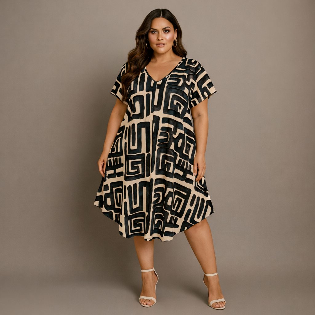 Abstract Print Loose Fitting V Neck Dress