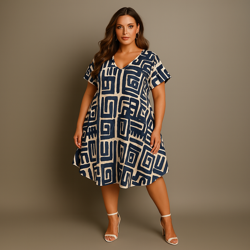 Woman wearing a blue and white patterned dress against a brown background