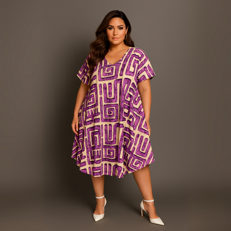Woman wearing a purple and beige patterned dress against a gray background