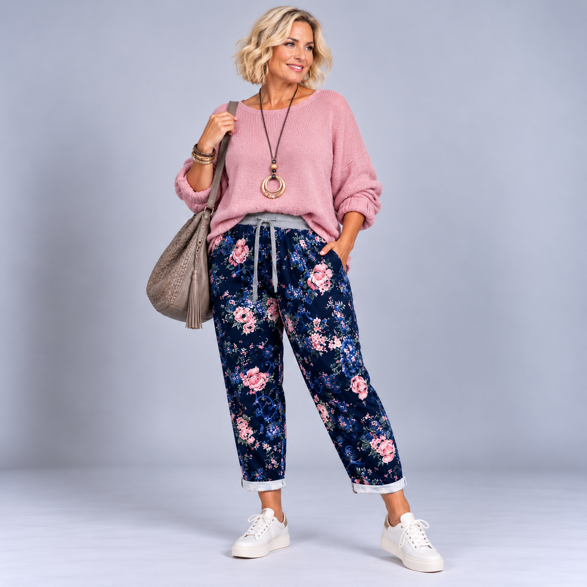 Navy Blue and Pink Floral Joggers with Pockets
