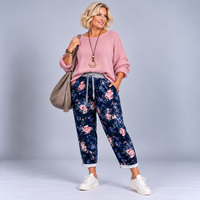 Navy Blue and Pink Floral Joggers with Pockets