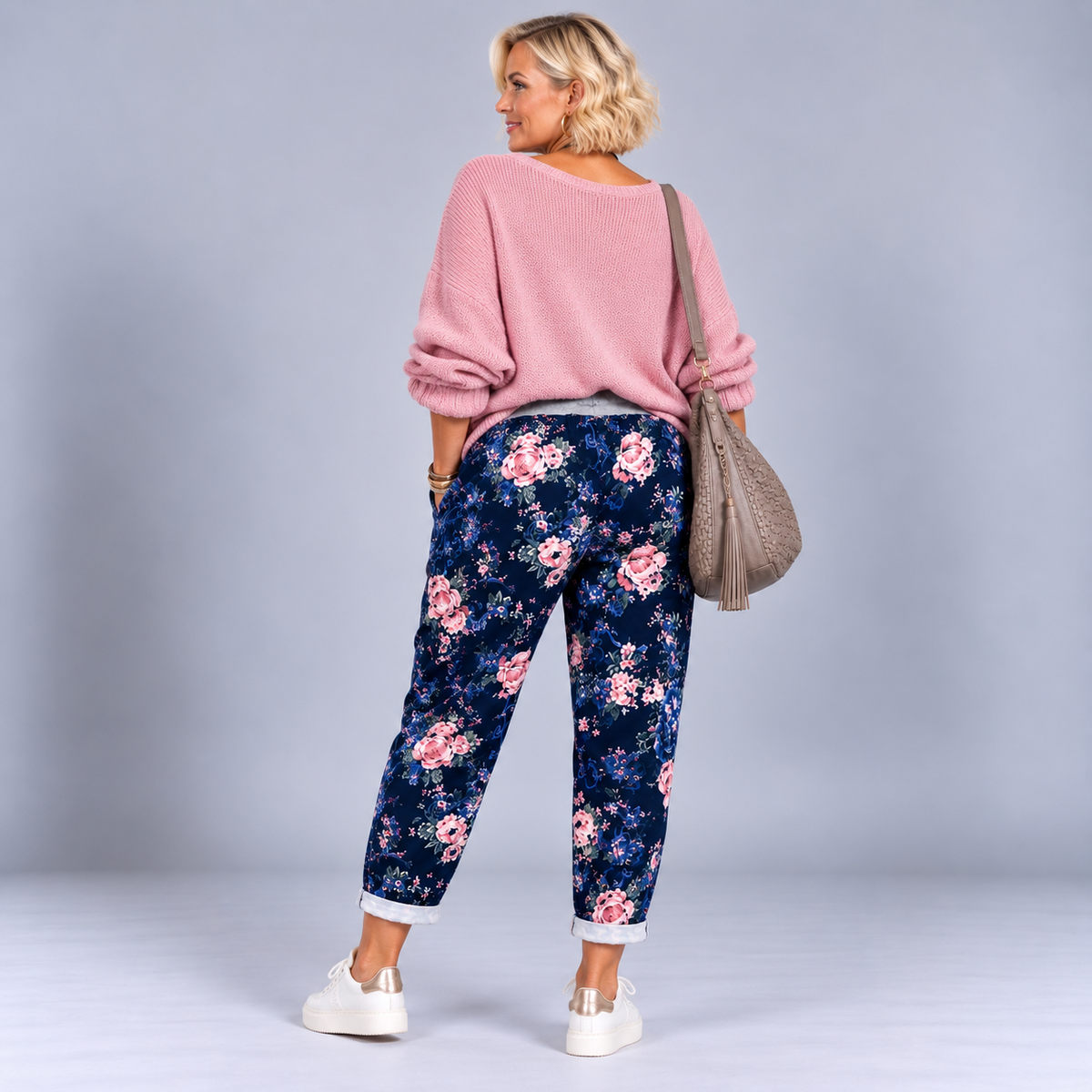 Navy Blue and Pink Floral Joggers with Pockets