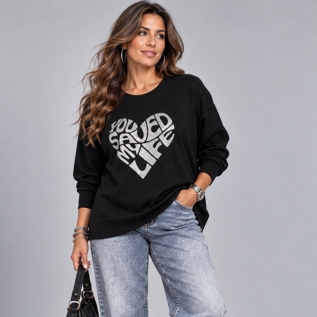 Black Sweatshirt with ‘You Save My Life’ Silver Studded Heart