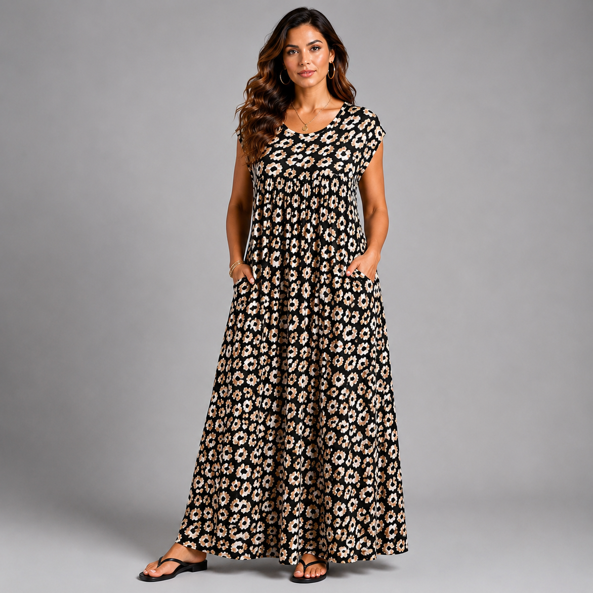 Black white pleated Maxi Dress with Pockets