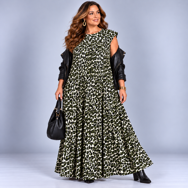 Pleated Leopard Print Maxi Dress