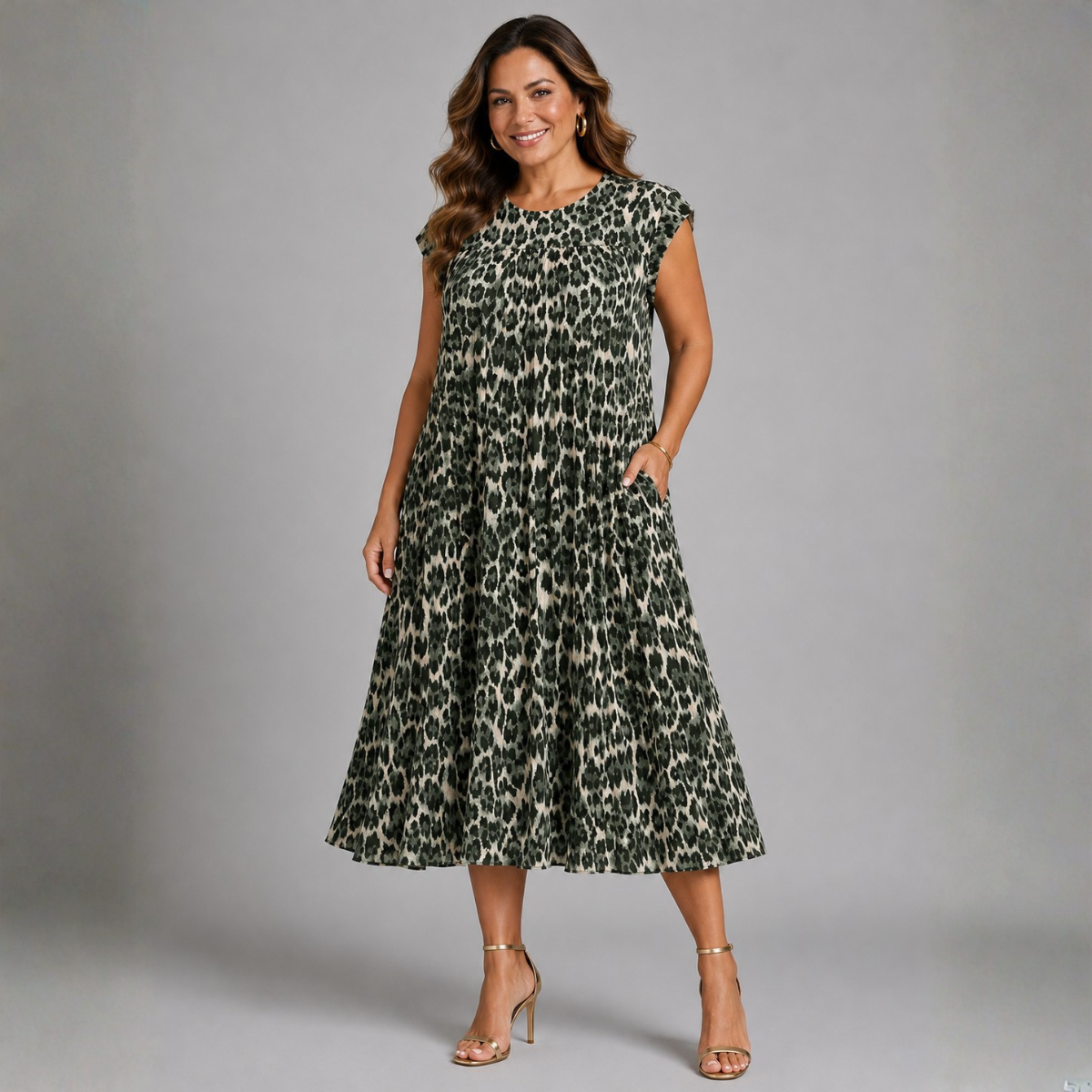 Pleated Leopard Print Midi Dress with Pockets