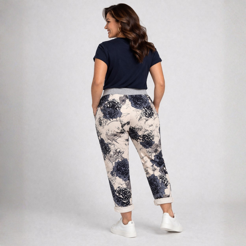 White Navy Floral Print Joggers