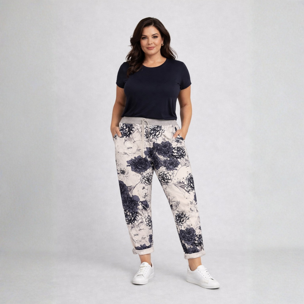 White Navy Floral Print Joggers