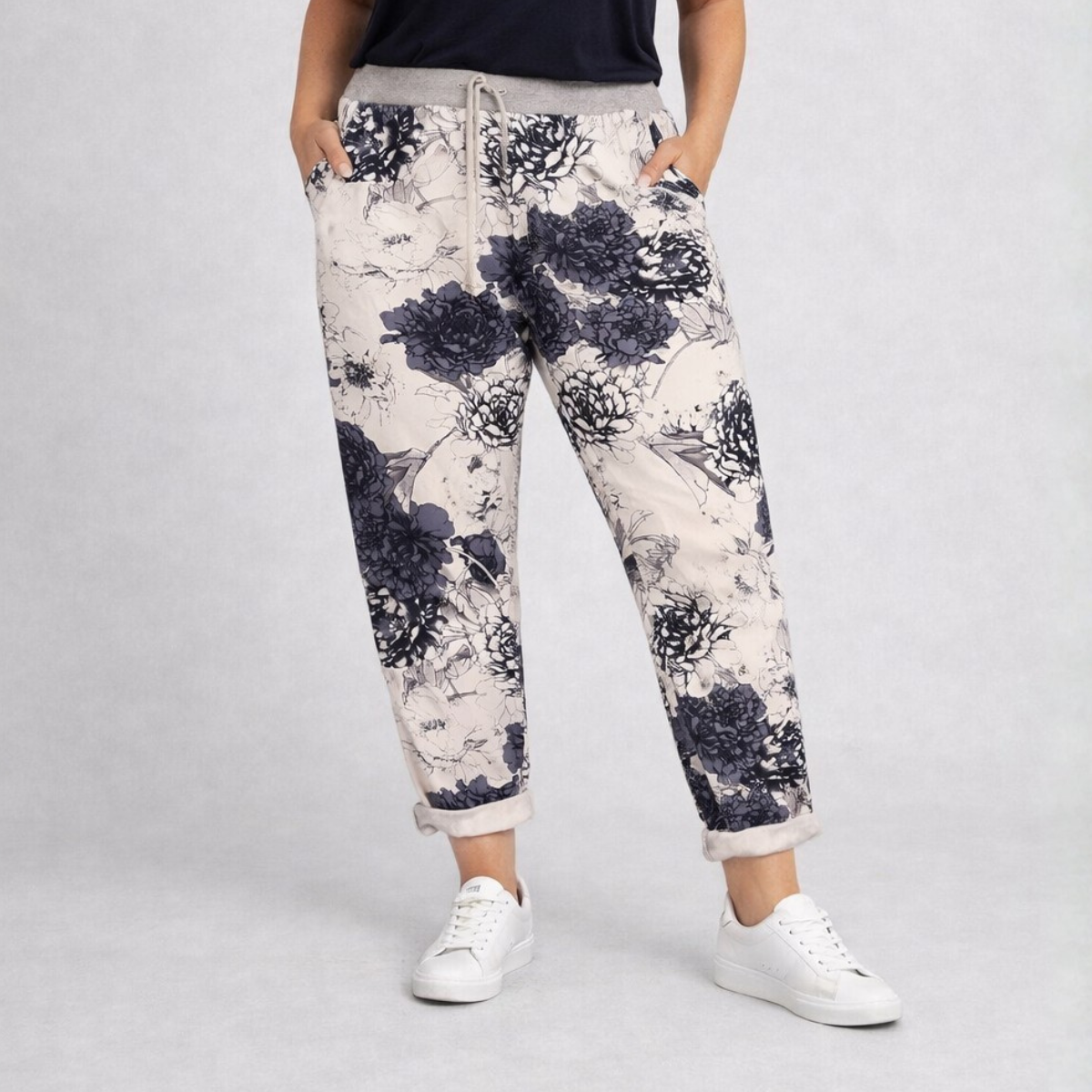 White Navy Floral Print Joggers
