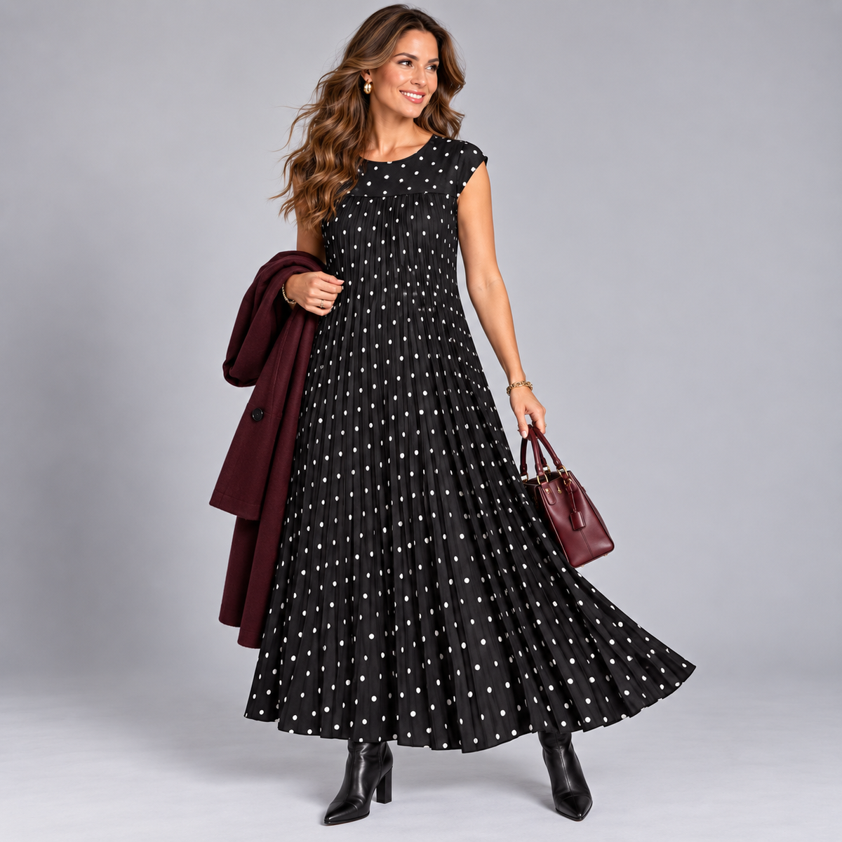 Pleated Polka Dot Print Maxi Dress
