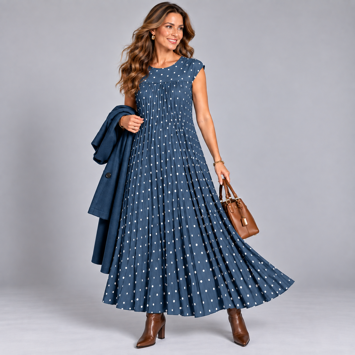 Pleated Polka Dot Print Maxi Dress