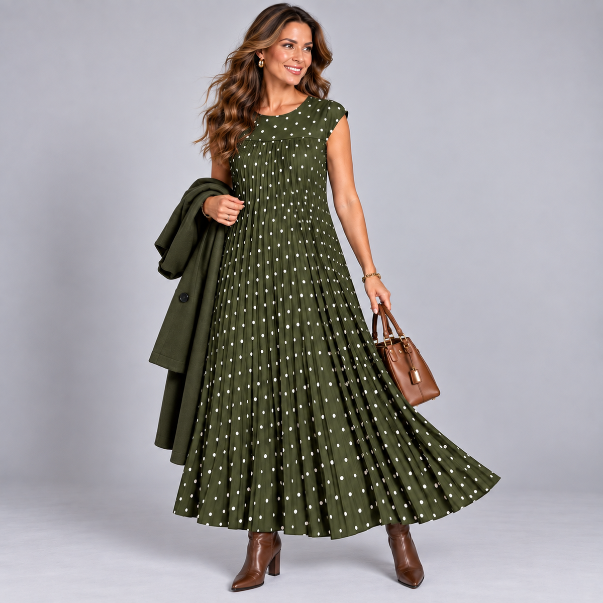 Pleated Polka Dot Print Maxi Dress