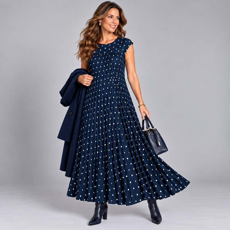 Pleated Polka Dot Print Maxi Dress