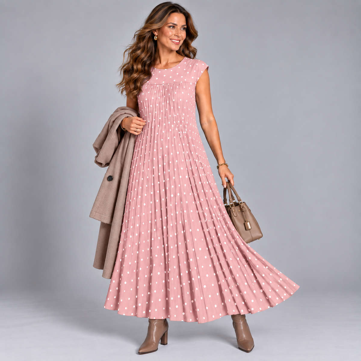 Pleated Polka Dot Print Maxi Dress