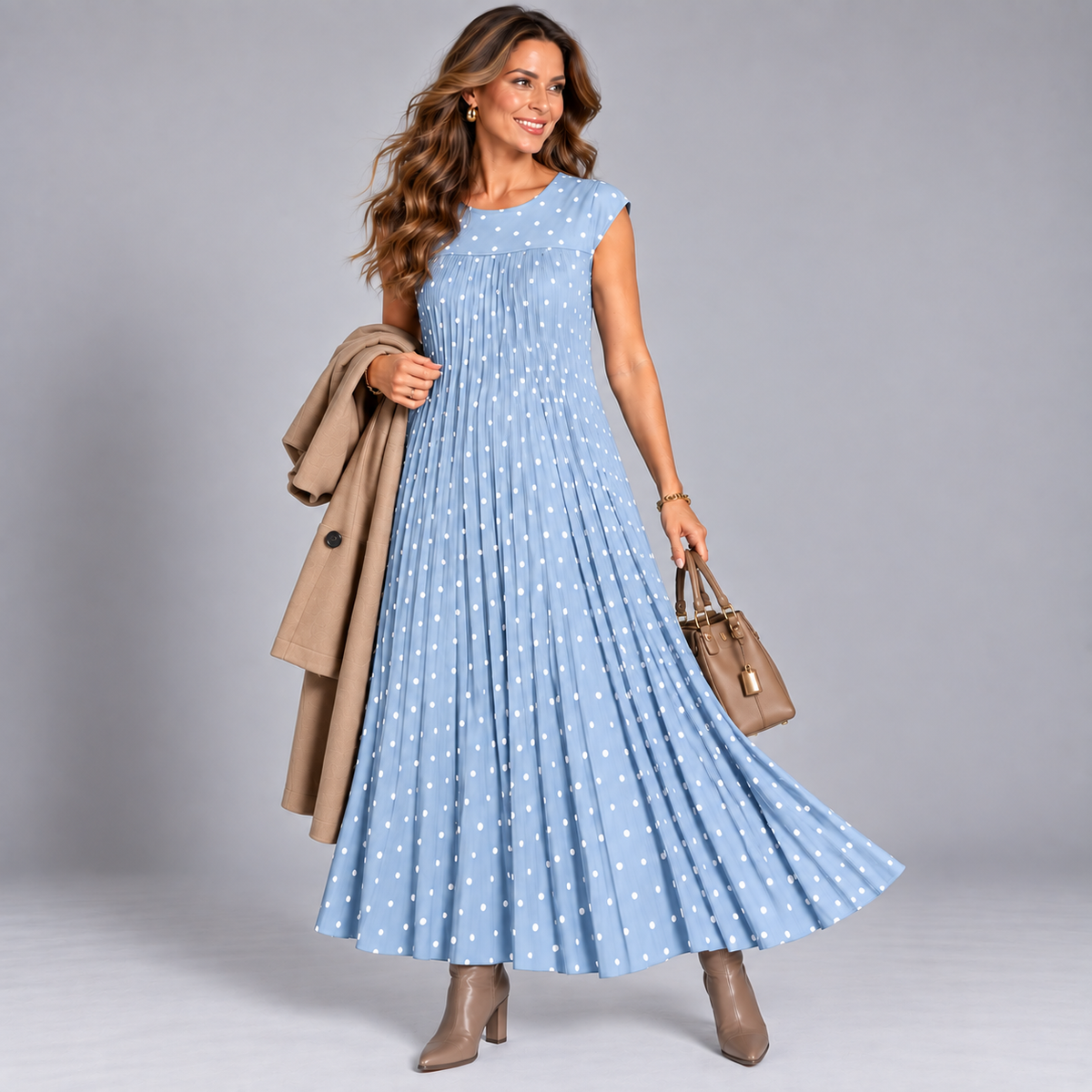 Pleated Polka Dot Print Maxi Dress