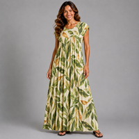 Pleated Leaf Print Print Maxi Dress with Pockets