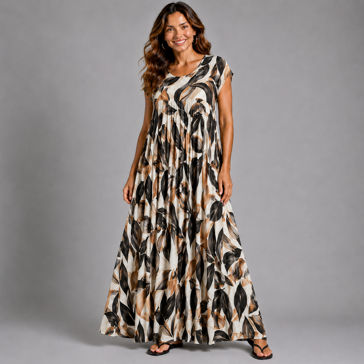 Pleated Leaf Print Print Maxi Dress with Pockets