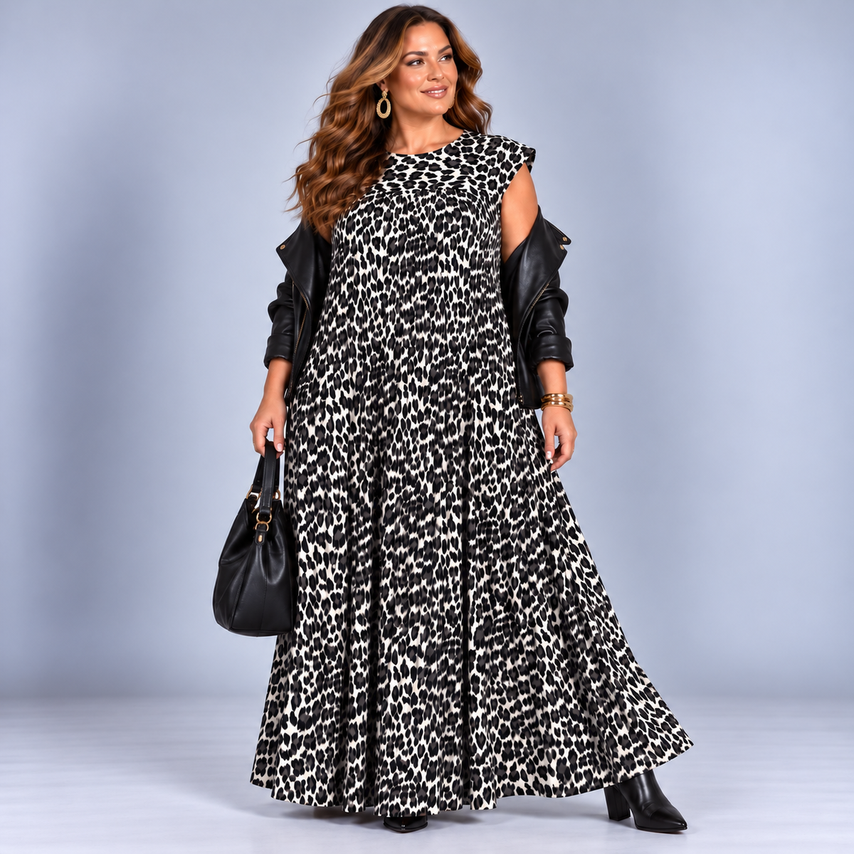 Pleated Leopard Print Maxi Dress