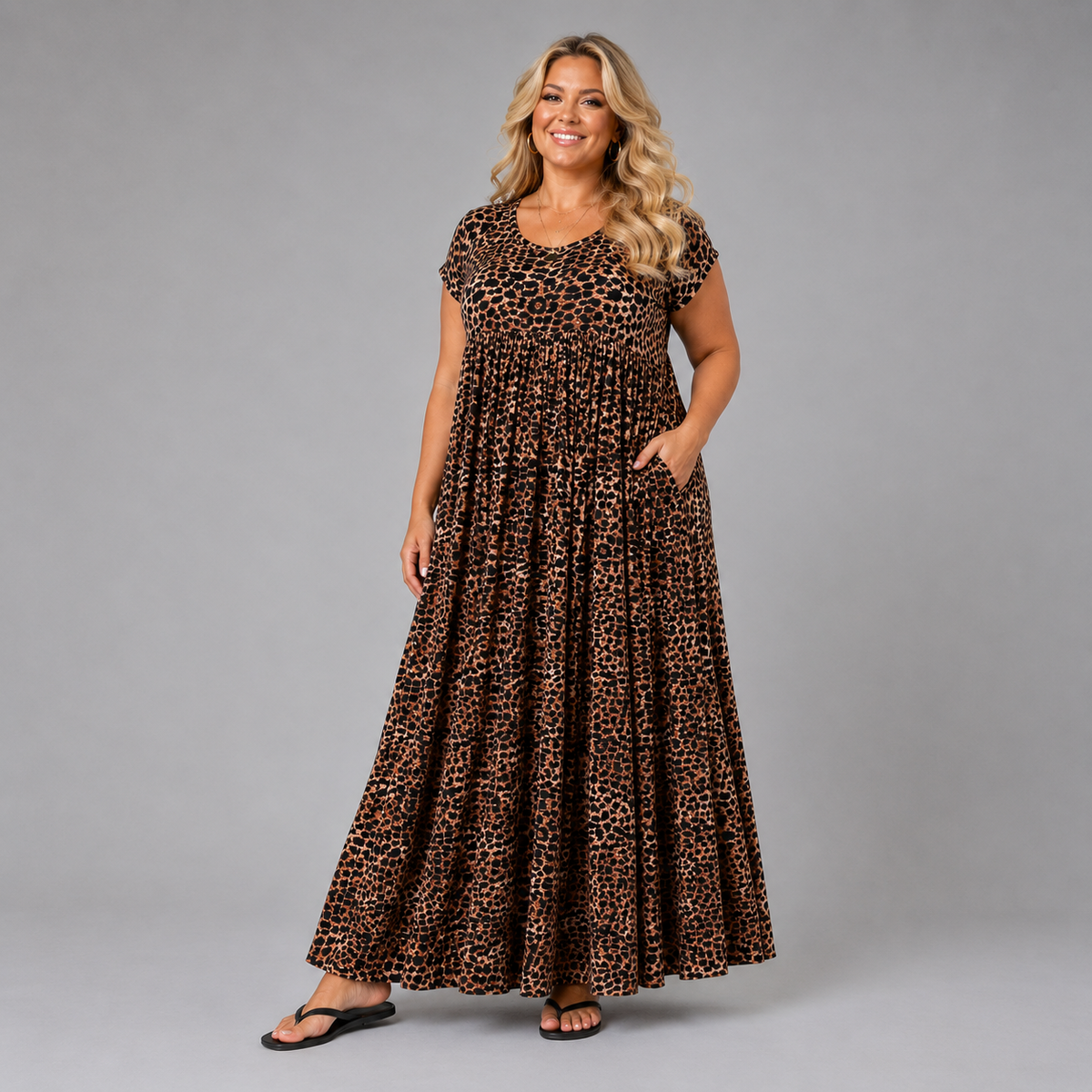 Classic Leopard Print Pleated Maxi Dress with Pockets