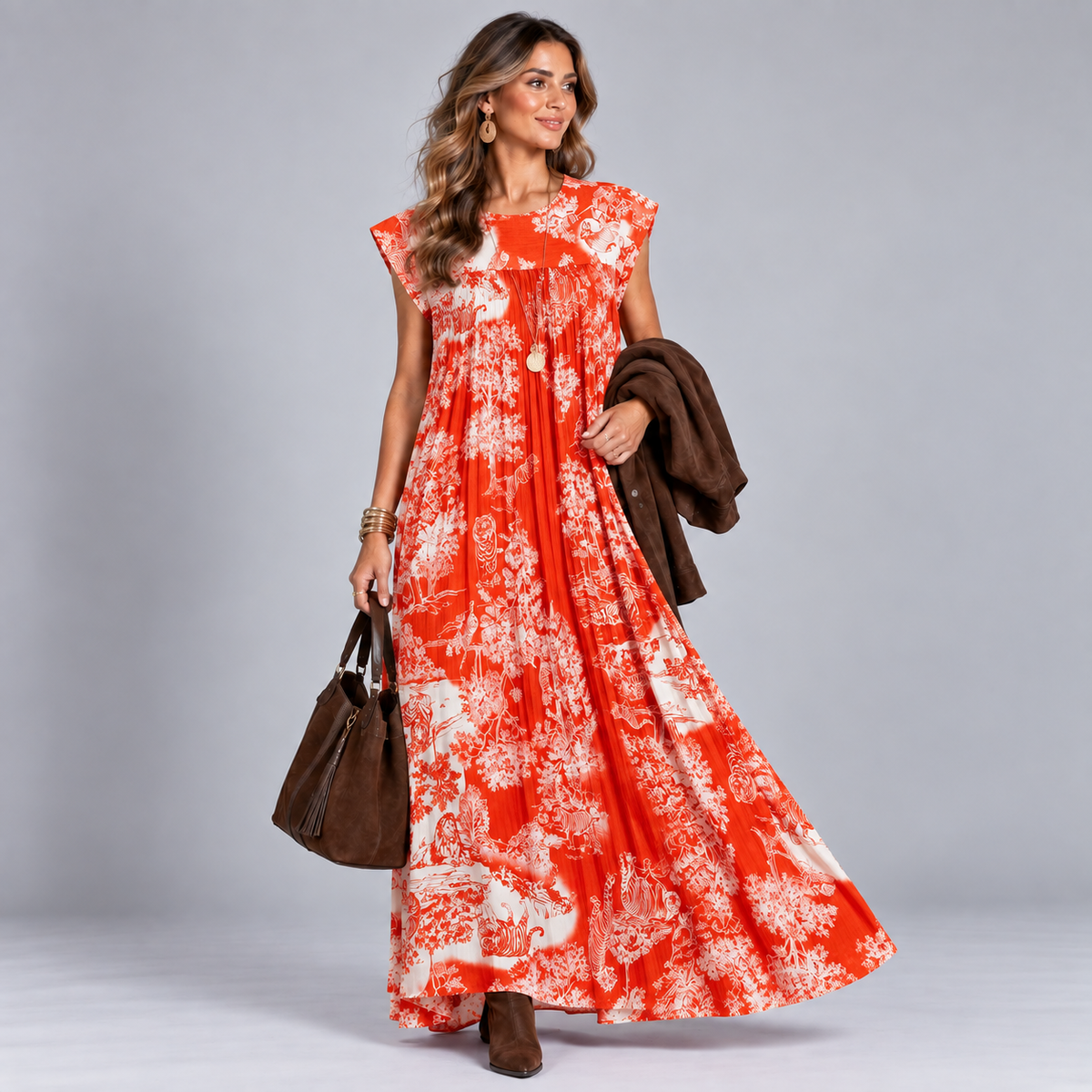 Pleated Tiger Print Maxi Dress