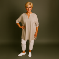 Plus‑Size V‑Neck Long Dipped Hem Top with Button Sleeves
