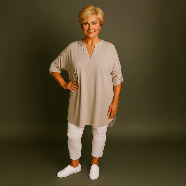 Plus‑Size V‑Neck Long Dipped Hem Top with Button Sleeves