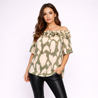 Patterned Ruffled Neckline Off Shoulder Pretty Top / Blouse