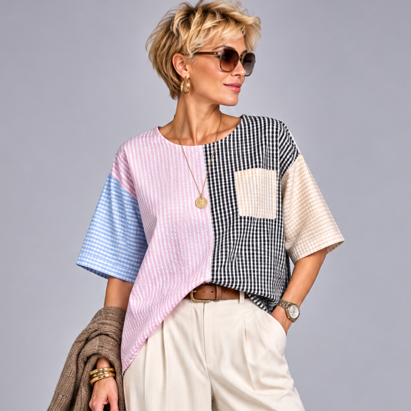 Patchwork Checked Short Sleeve Blouse