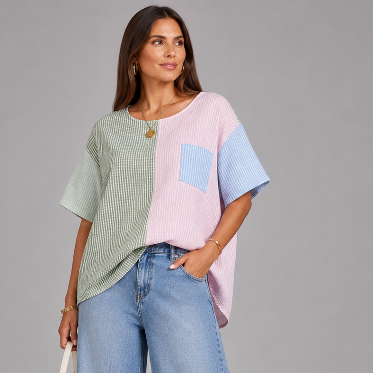 Patchwork Checked Short Sleeve Blouse
