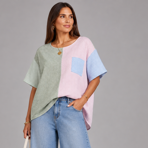 Patchwork Checked Short Sleeve Blouse