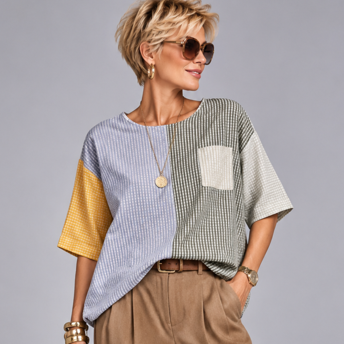 Patchwork Checked Short Sleeve Blouse