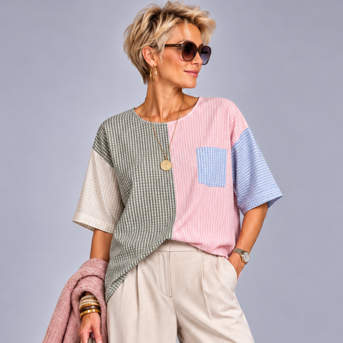 Patchwork Checked Short Sleeve Blouse