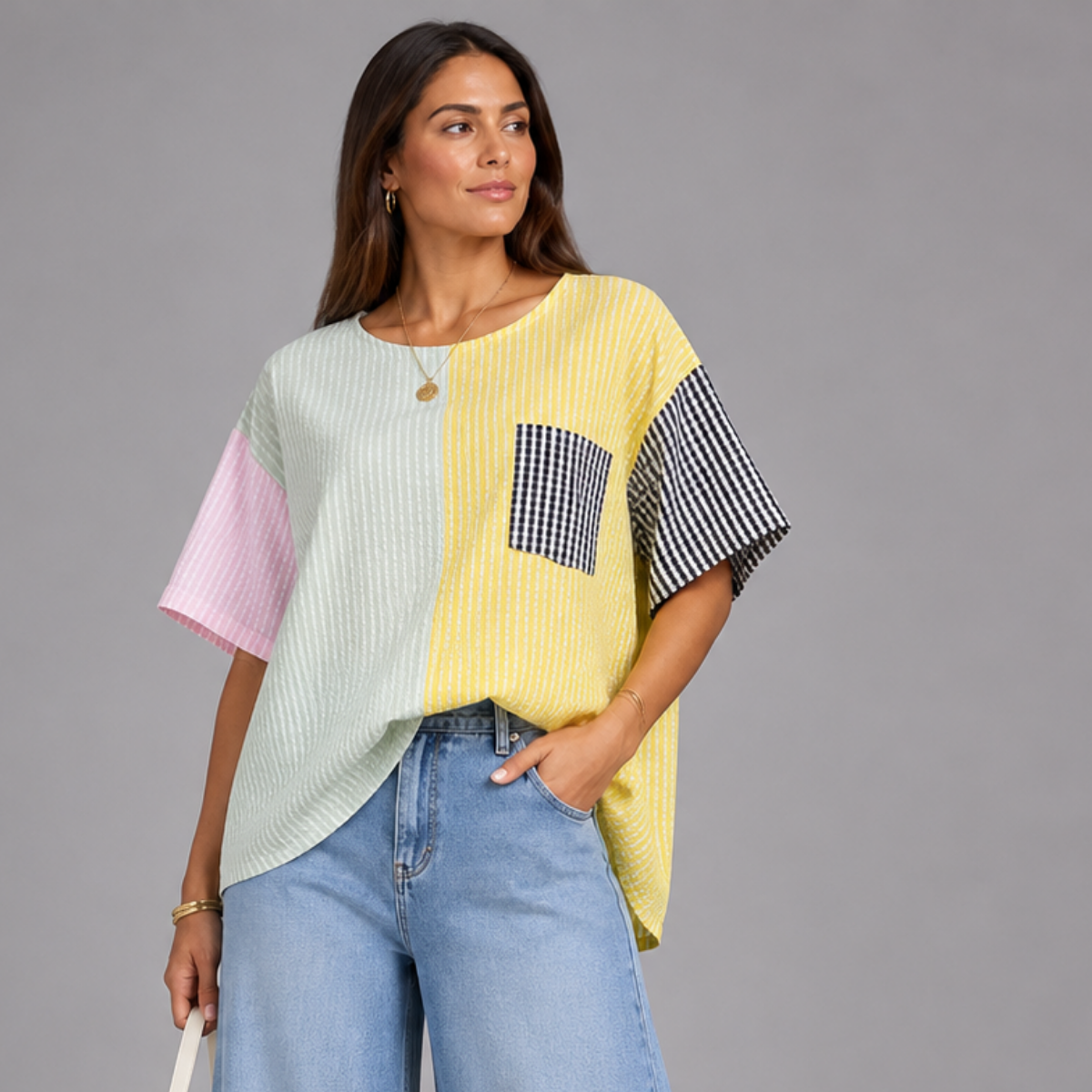Patchwork Checked Short Sleeve Blouse
