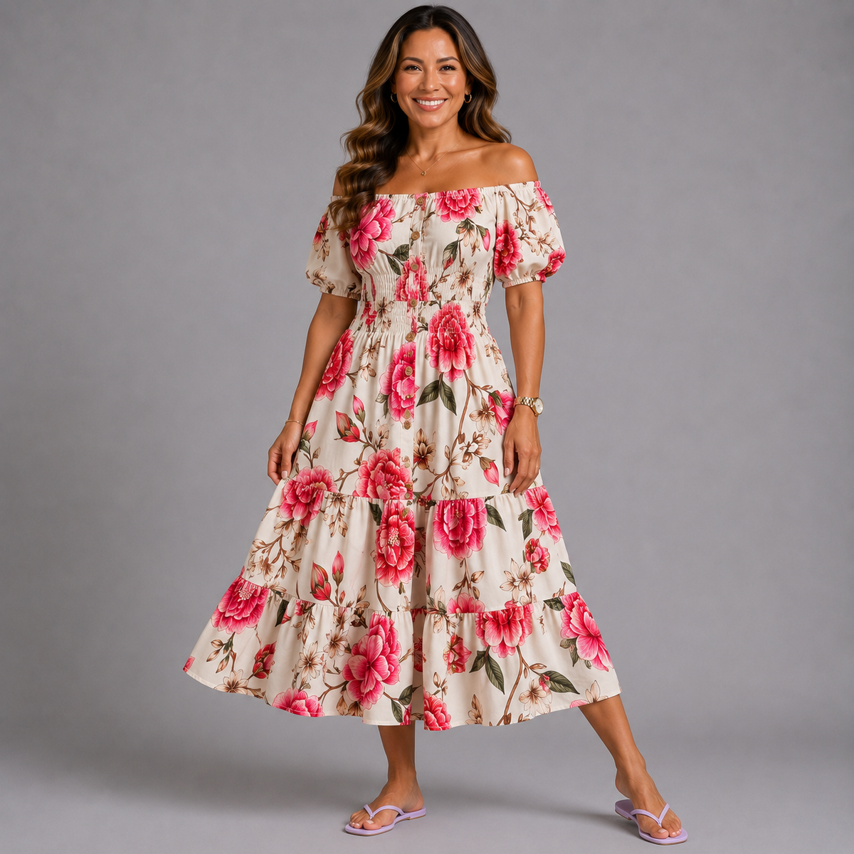 Large Flower Print Bardot Gypsy Midi Dress