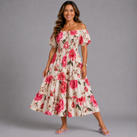 Large Flower Print Bardot Gypsy Midi Dress