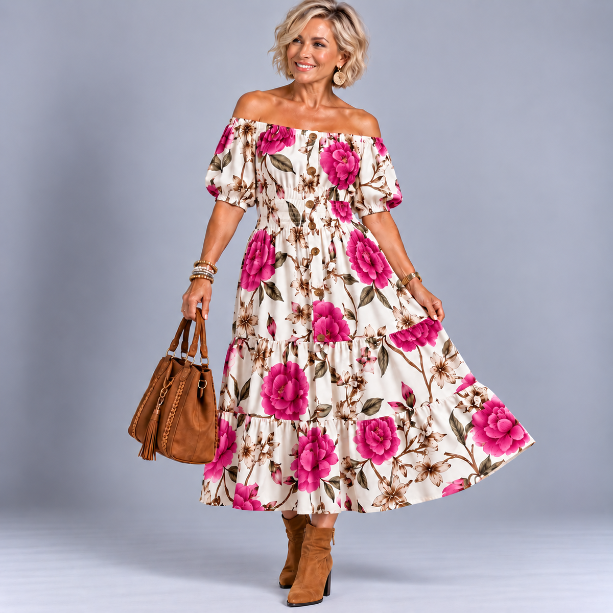 Large Flower Print Bardot Gypsy Midi Dress