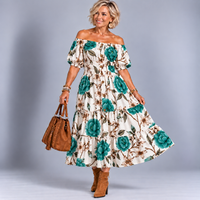 Large Flower Print Bardot Gypsy Midi Dress