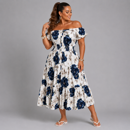 Large Flower Print Bardot Gypsy Midi Dress