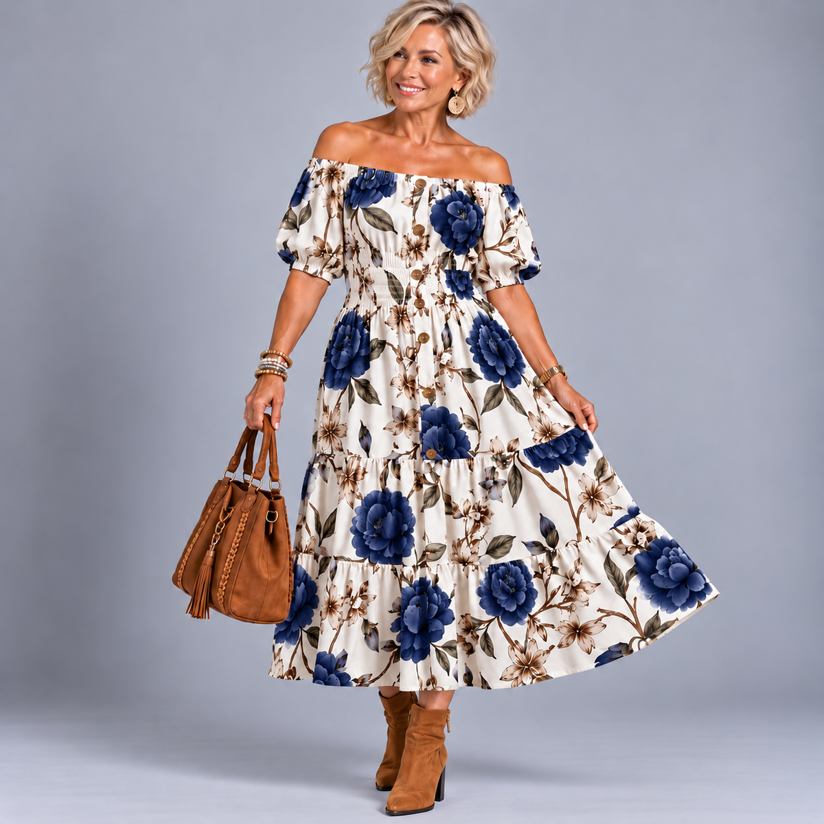 Large Flower Print Bardot Gypsy Midi Dress