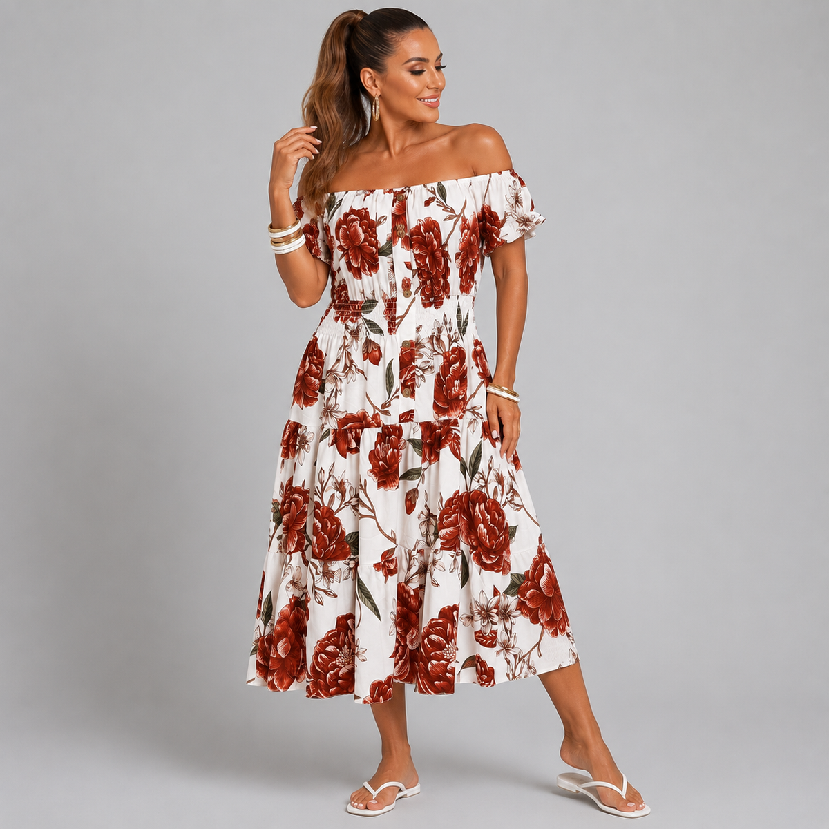 Large Flower Print Bardot Gypsy Midi Dress