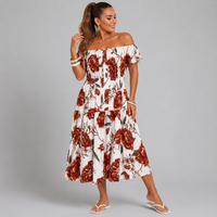 Large Flower Print Bardot Gypsy Midi Dress