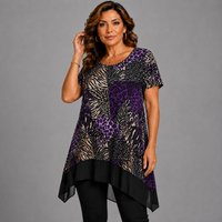 Short Sleeve Abstract Top with Chiffon Hanky Hem
